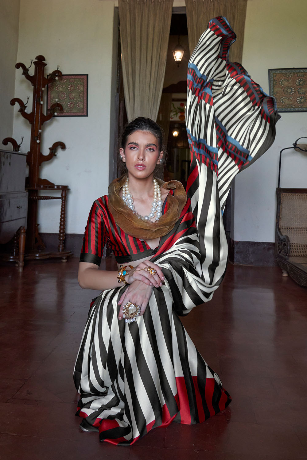 Poorna Black & Red Striped Modal Satin Ready to Wear Saree