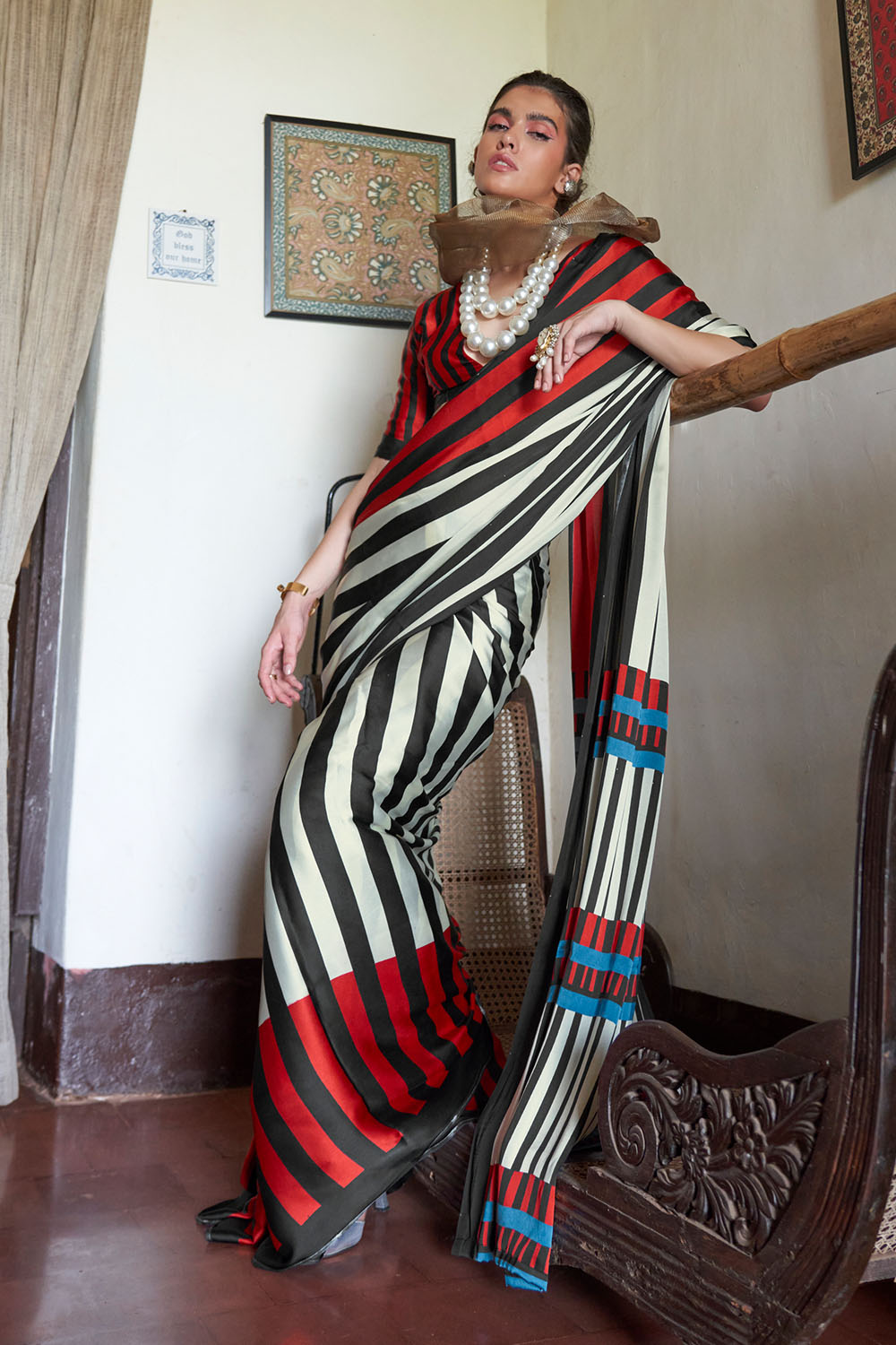 Poorna Black &amp; Red Striped Modal Satin Ready to Wear Saree