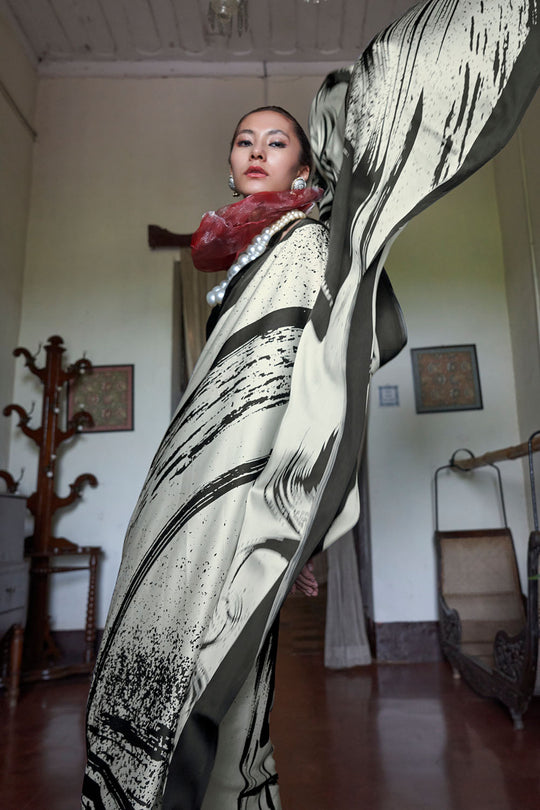 Poorna Black &amp; White Abstract Artistic Print Modal Satin Ready to Wear Saree