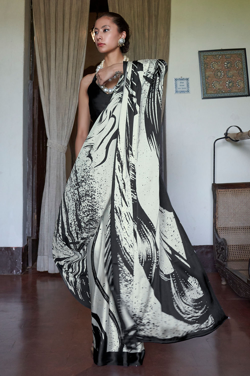 Poorna Black &amp; White Abstract Artistic Print Modal Satin Ready to Wear Saree