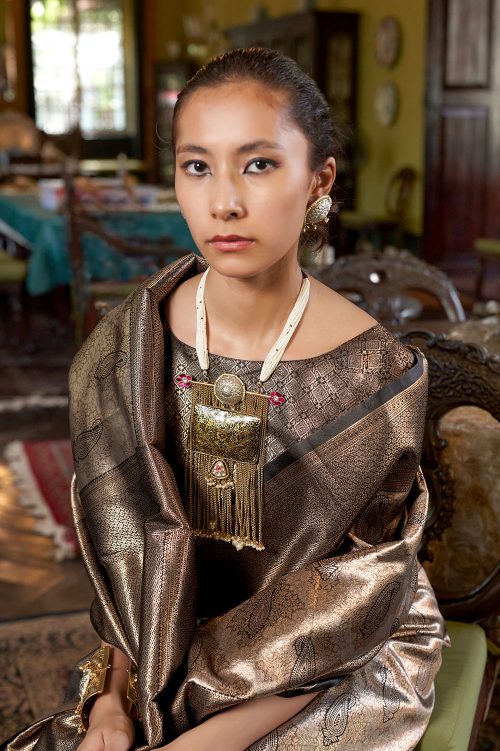 Siya Brown & Gold Hand Woven Kanjivaram One Minute Saree