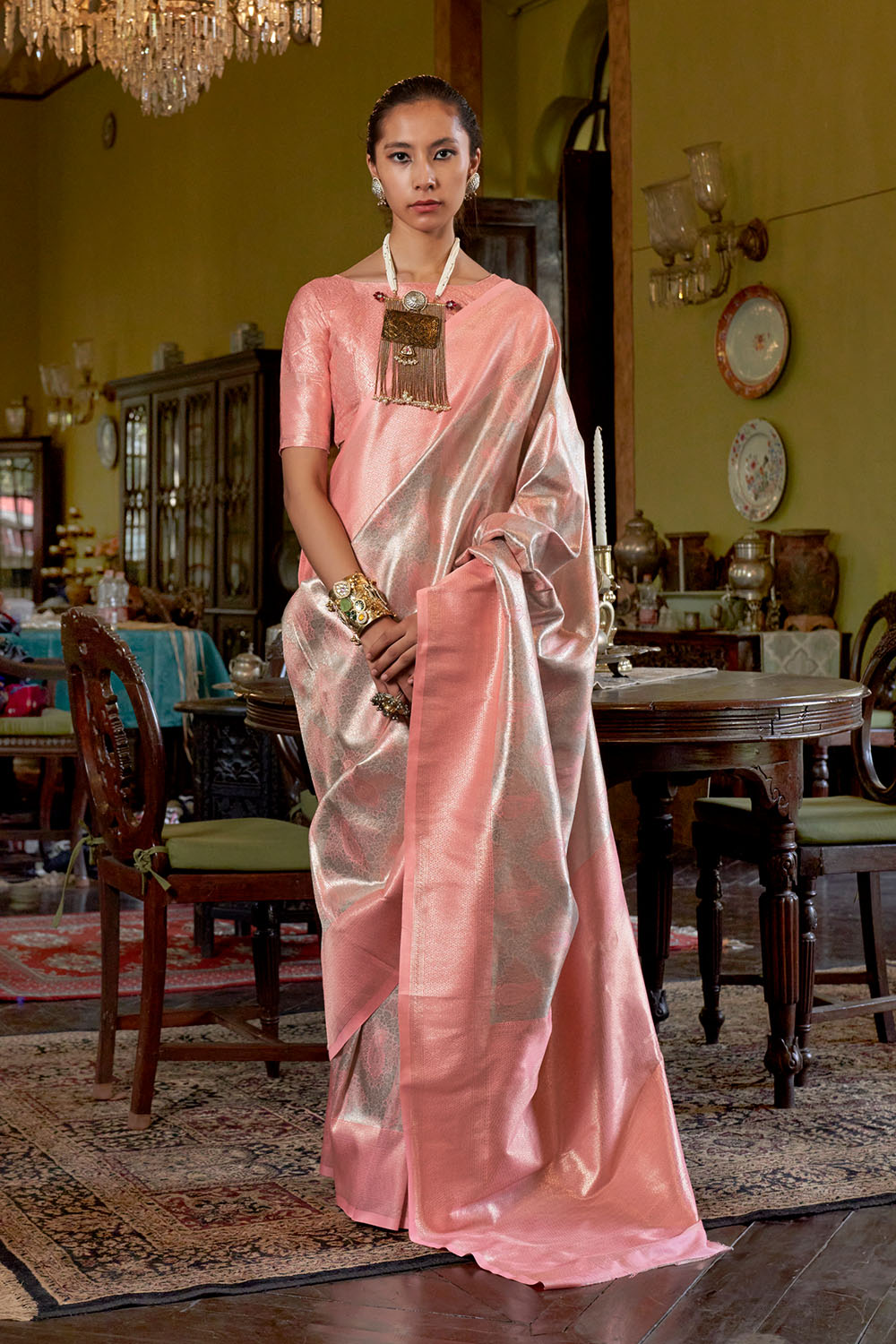 Siya Peach & Gold Zari Hand Woven Kanjivaram One Minute Saree