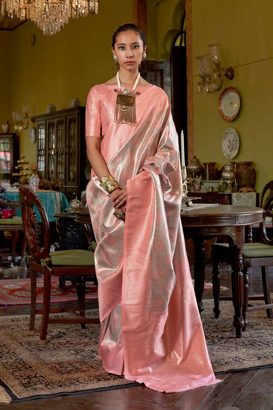 Siya Peach & Gold Zari Hand Woven Kanjivaram One Minute Saree