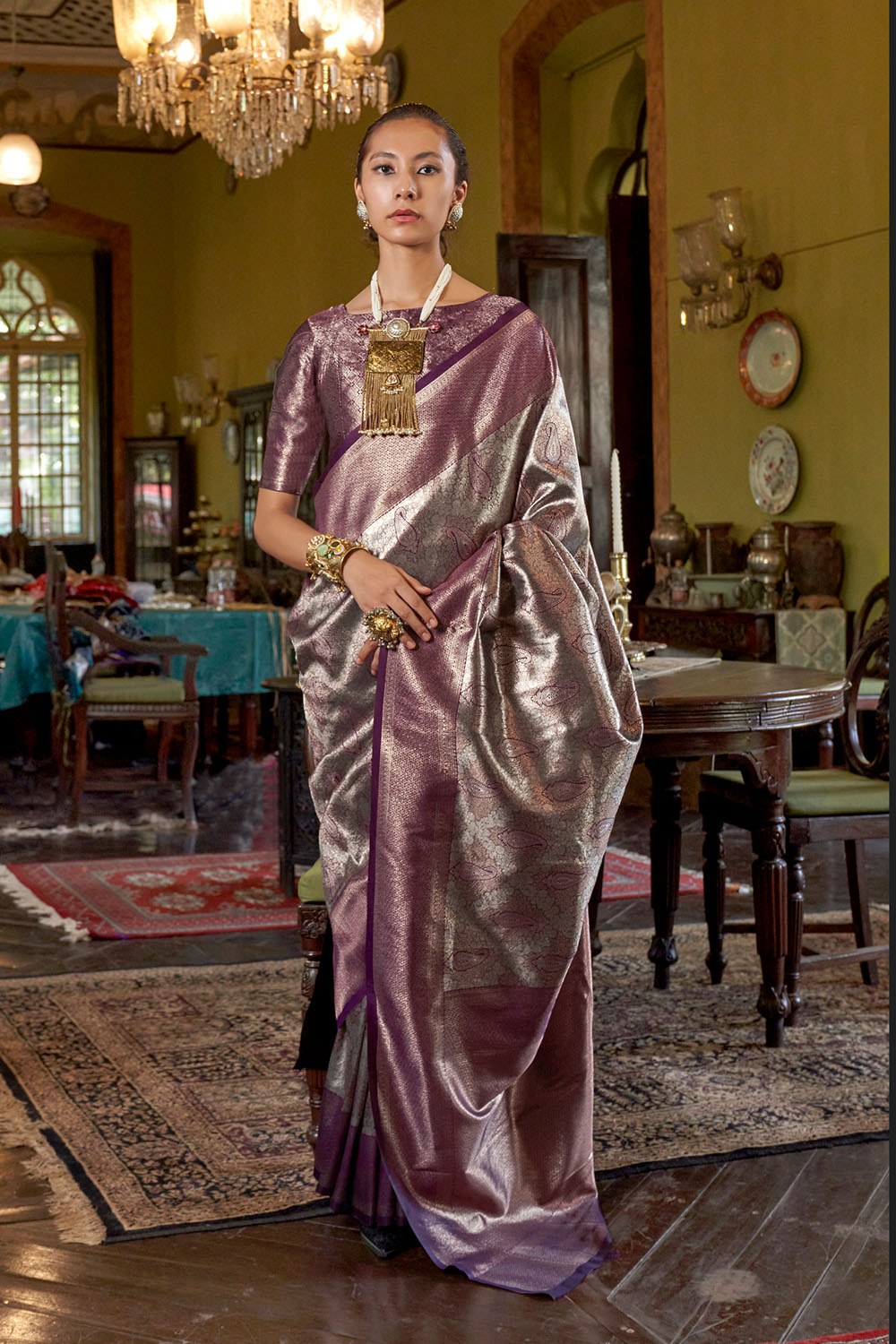 Siya Purple Gold Zari Hand Woven Kanjivaram One Minute Saree