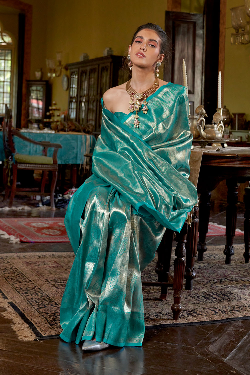 Siya Teal Green Gold Zari Hand Woven Kanjivaram One Minute Saree