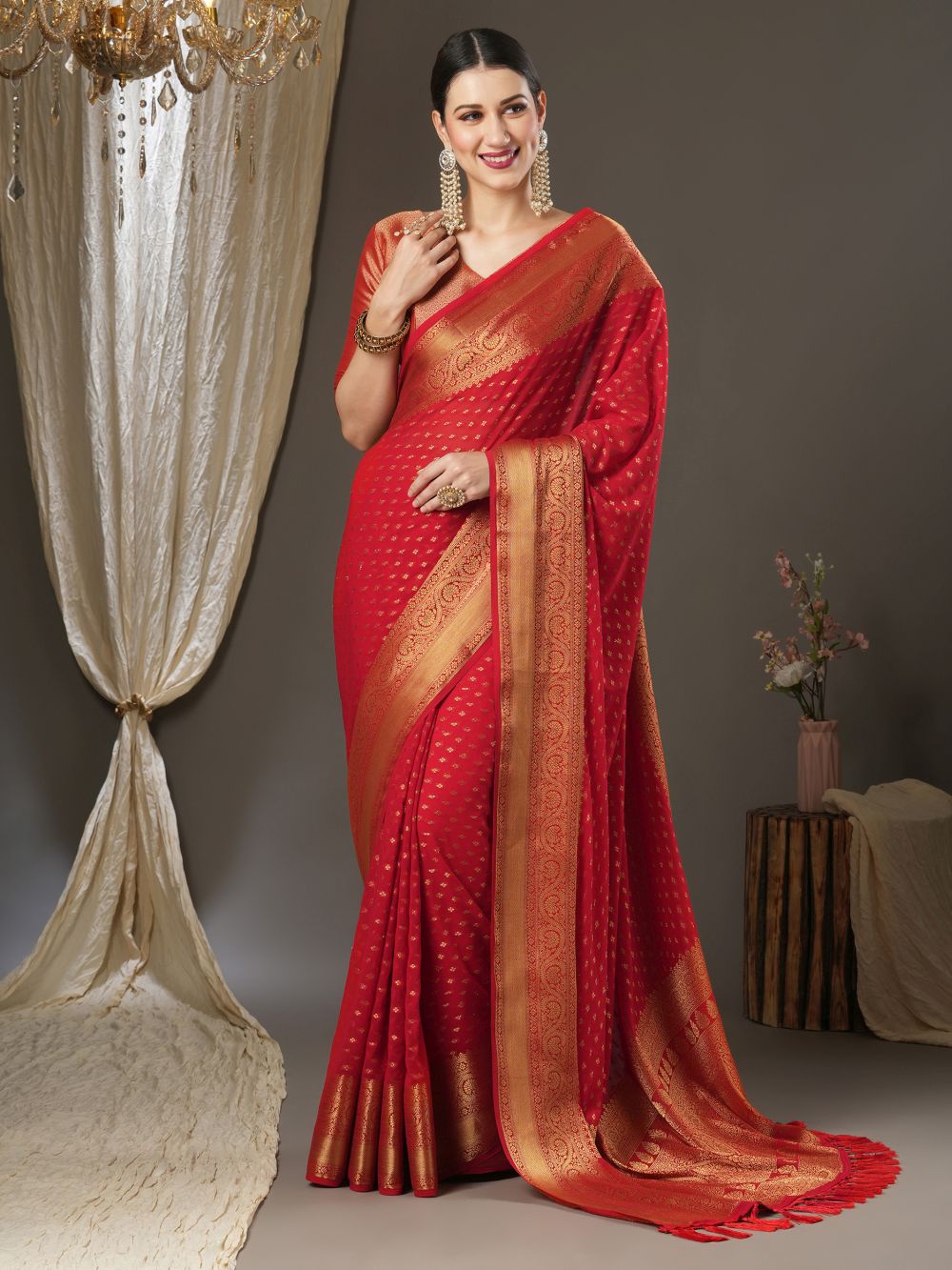 Alekha Red Georgette Printed One Minute Saree