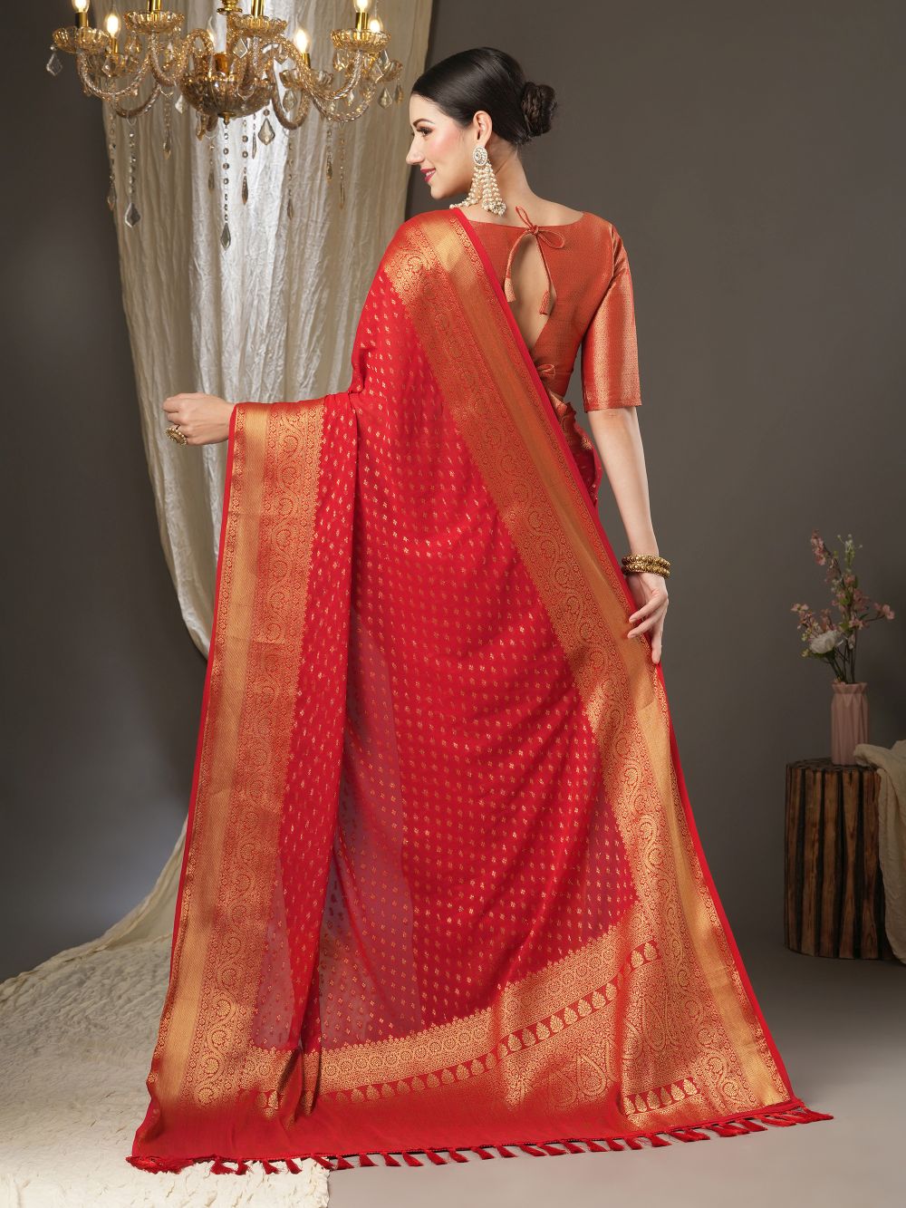 Alekha Red Georgette Printed One Minute Saree