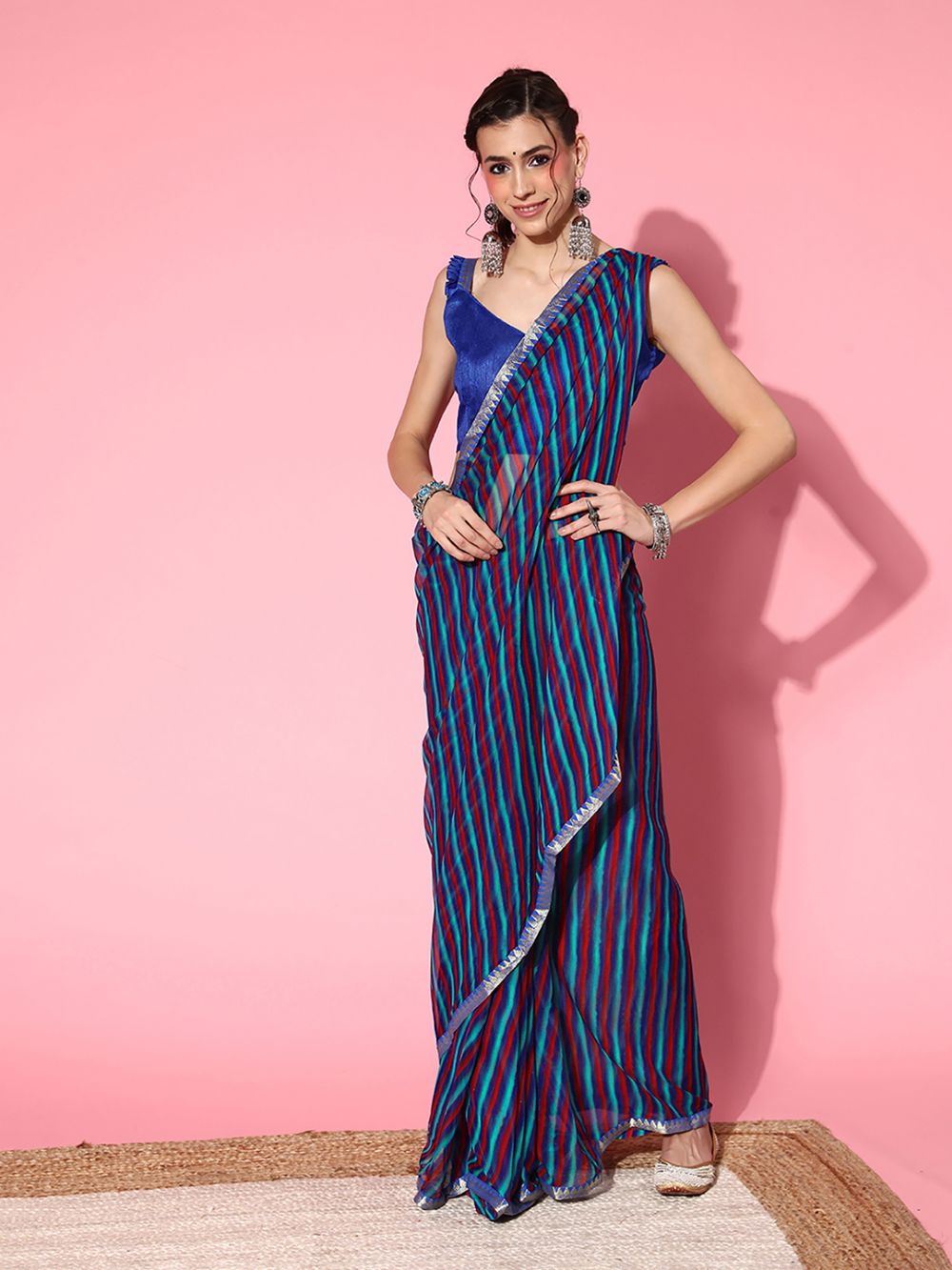 Quinn Blue Chiffon Printed One Minute Saree