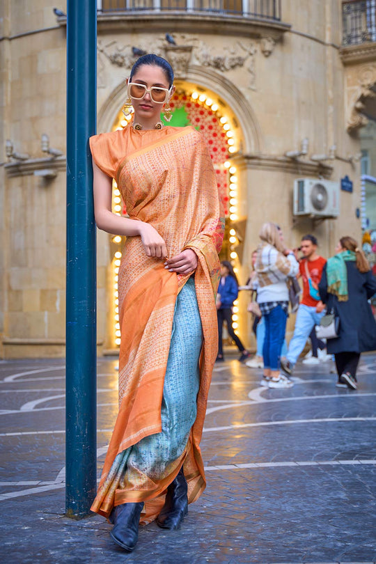 Leana Orange Print Viscose Crepe One Minute Saree