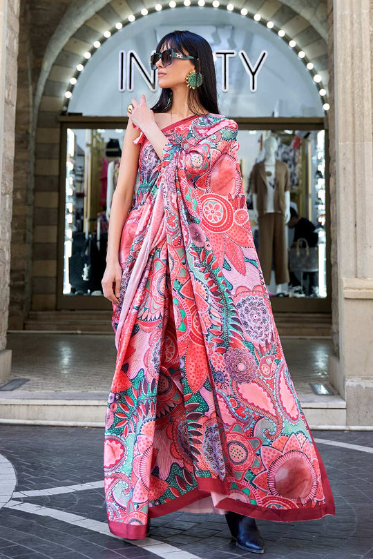 Sage Pink Digital Printed Satin One Minute Saree