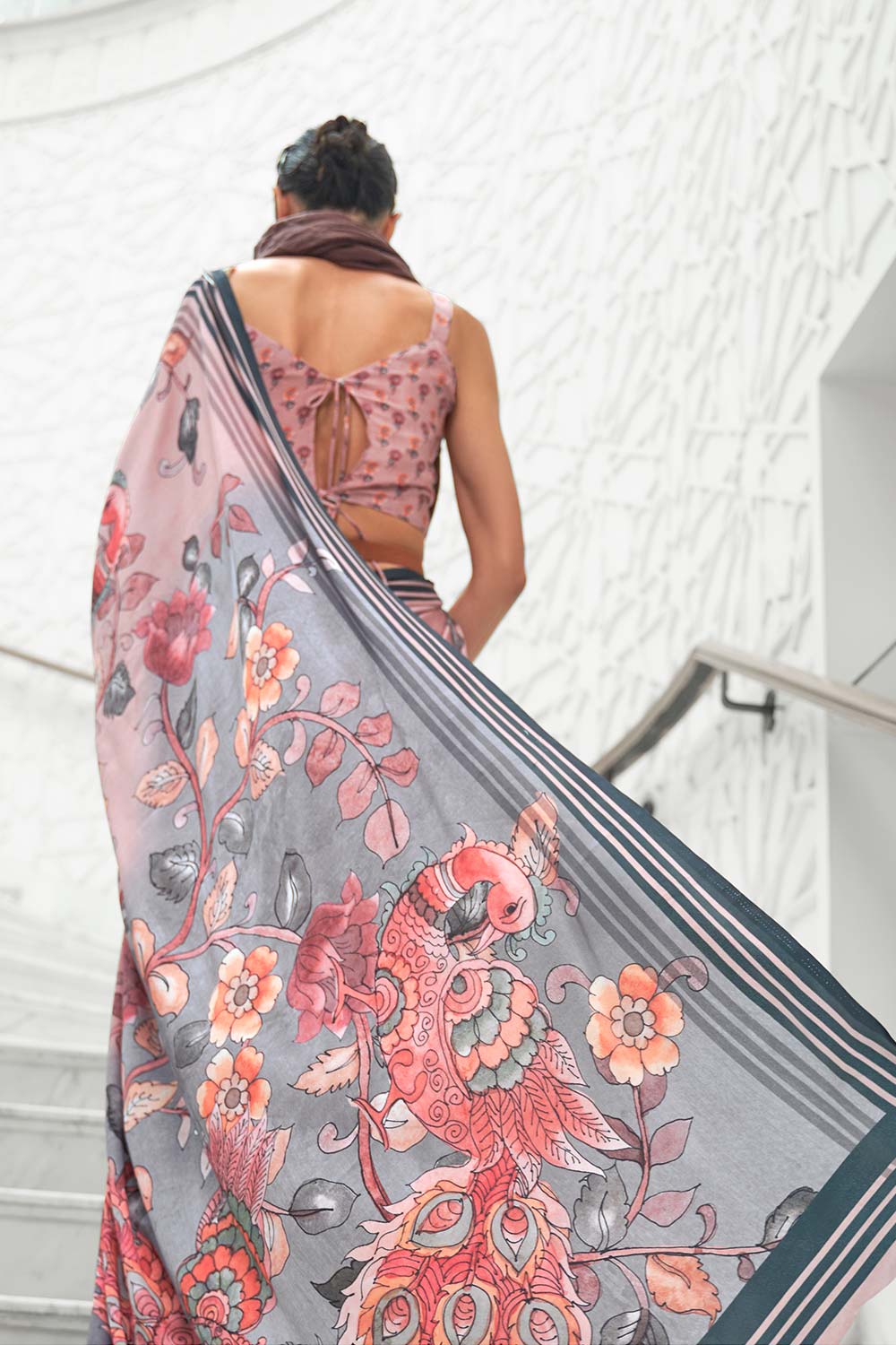 Kalamkari Light Pink Digital Printed Pure Silk One Minute Saree