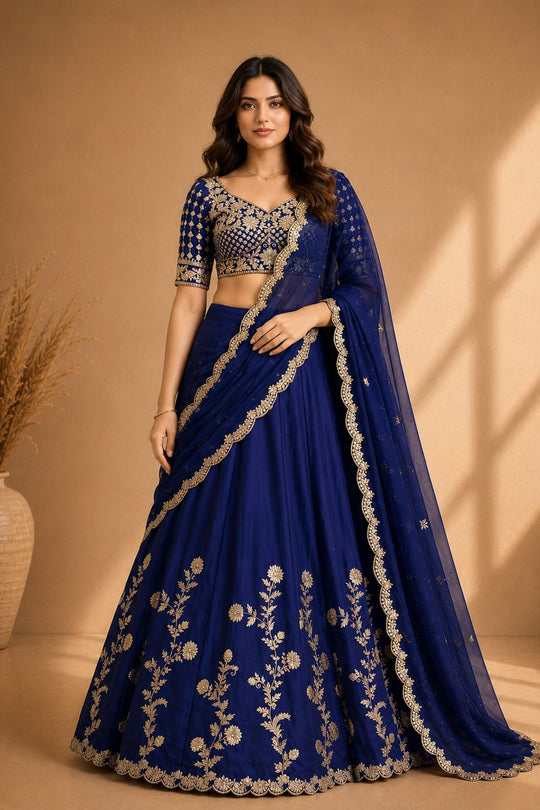 Ishaa Blue Silk Floral Zari Embroidered Ready to Wear Lehenga Saree