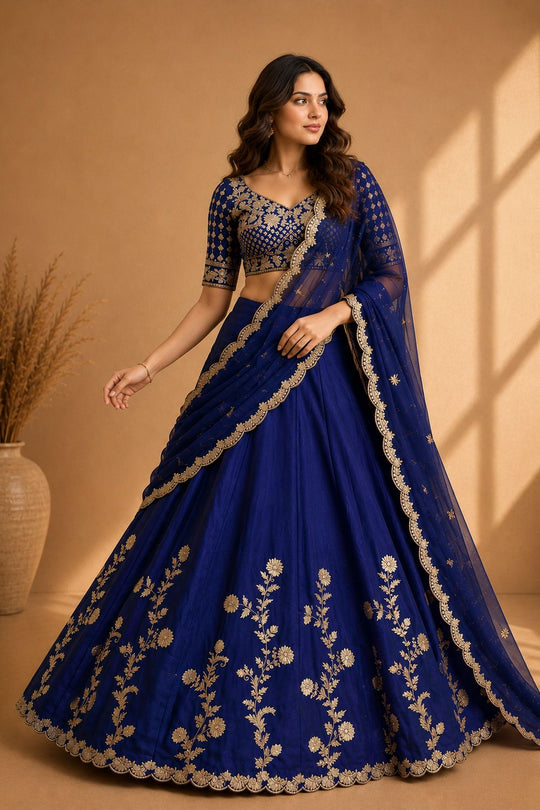 Ishaa Blue Silk Floral Zari Embroidered Ready to Wear Lehenga Saree