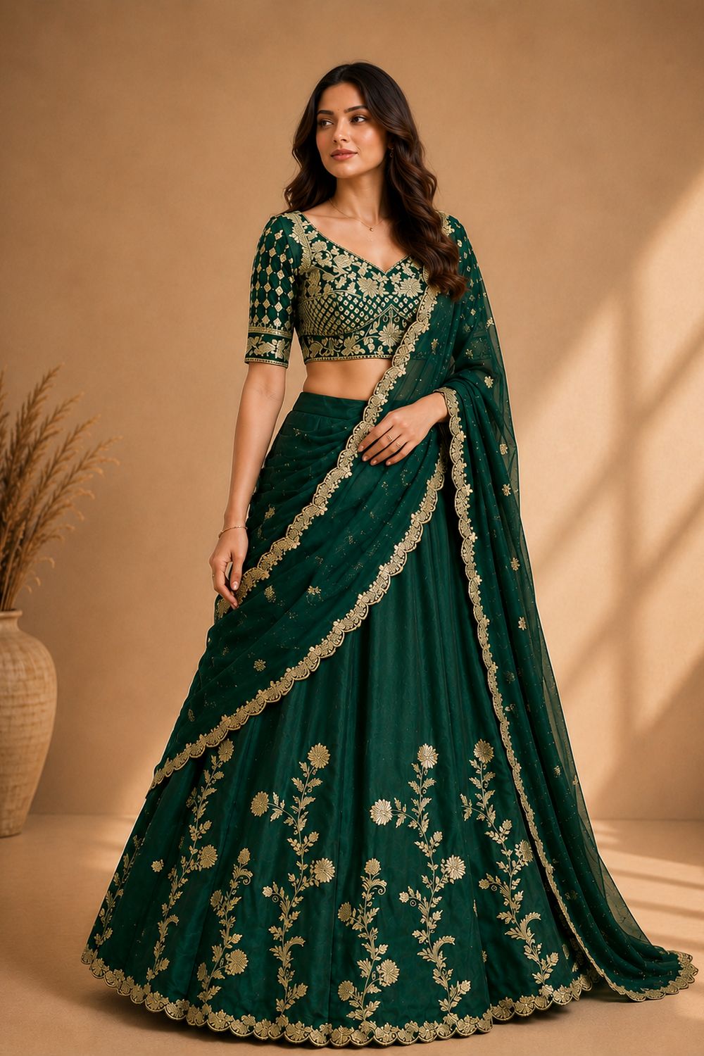 Ishaa Green Silk Floral Zari Embroidered Ready to Wear Lehenga Saree