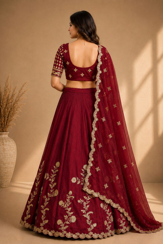 Ishaa Maroon Silk Floral Zari Embroidered Ready to Wear Lehenga Saree