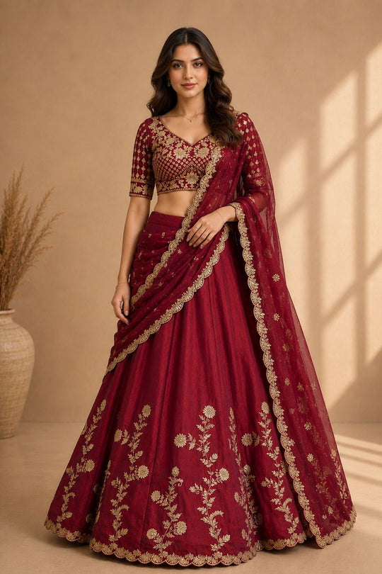 Ishaa Maroon Silk Floral Zari Embroidered Ready to Wear Lehenga Saree