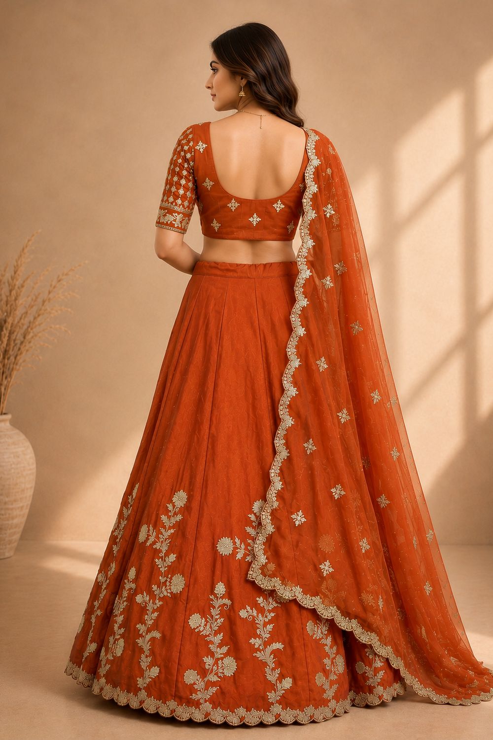 Ishaa Orange Silk Floral Zari Embroidered Ready to Wear Lehenga Saree