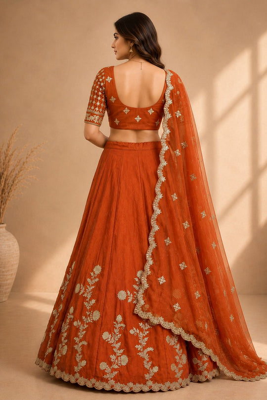 Ishaa Orange Silk Floral Zari Embroidered Ready to Wear Lehenga Saree