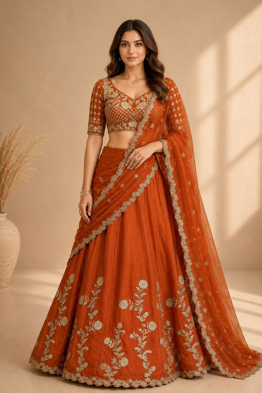 Ishaa Orange Silk Floral Zari Embroidered Ready to Wear Lehenga Saree