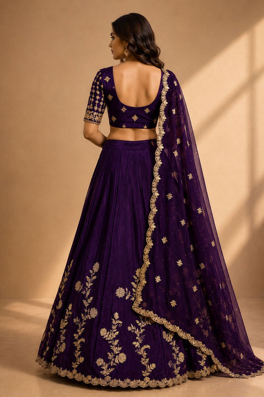 Ishaa Purple Silk Floral Zari Embroidered Ready to Wear Lehenga Saree
