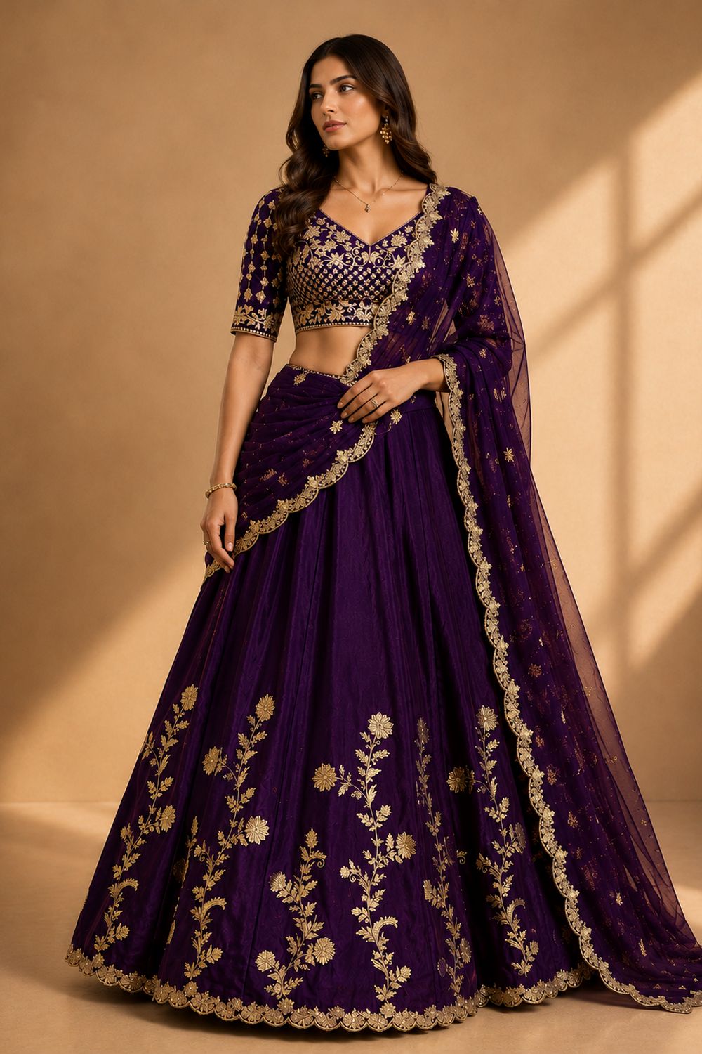 Ishaa Purple Silk Floral Zari Embroidered Ready to Wear Lehenga Saree
