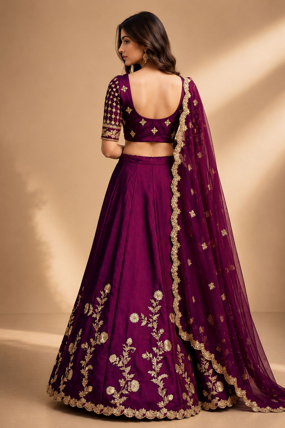 Ishaa Wine Silk Floral Zari Embroidered Ready to Wear Lehenga Saree
