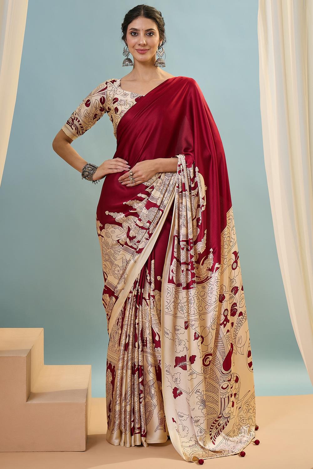Esra Red Modal Floral Printed Ready to Wear One Minute Saree
