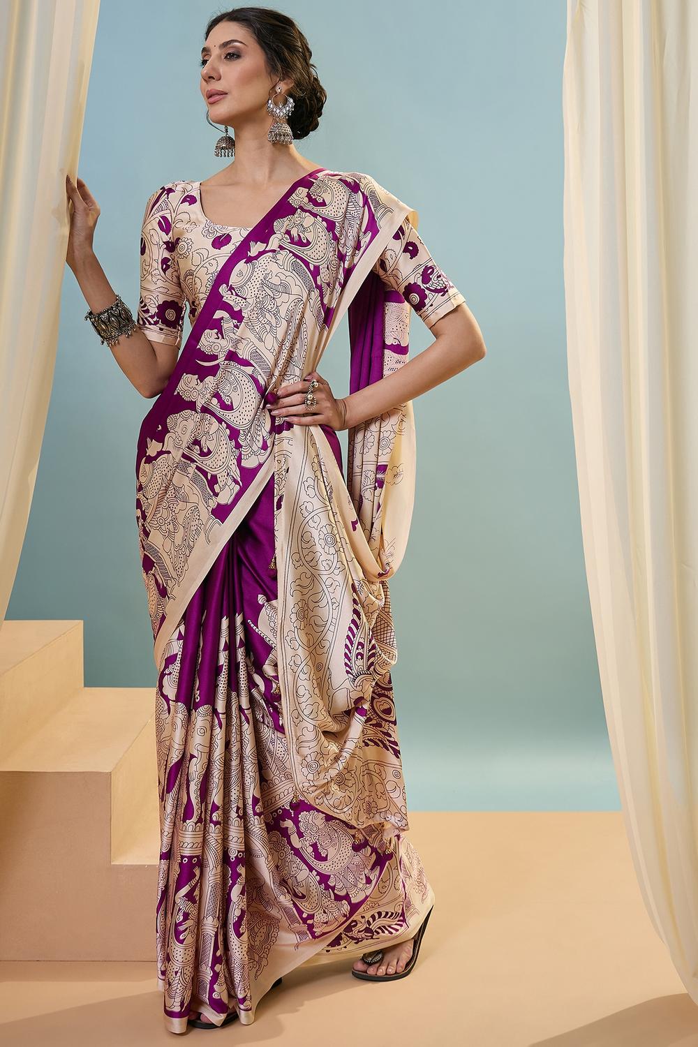 Esra Purple Modal Floral Printed Ready to Wear One Minute Saree