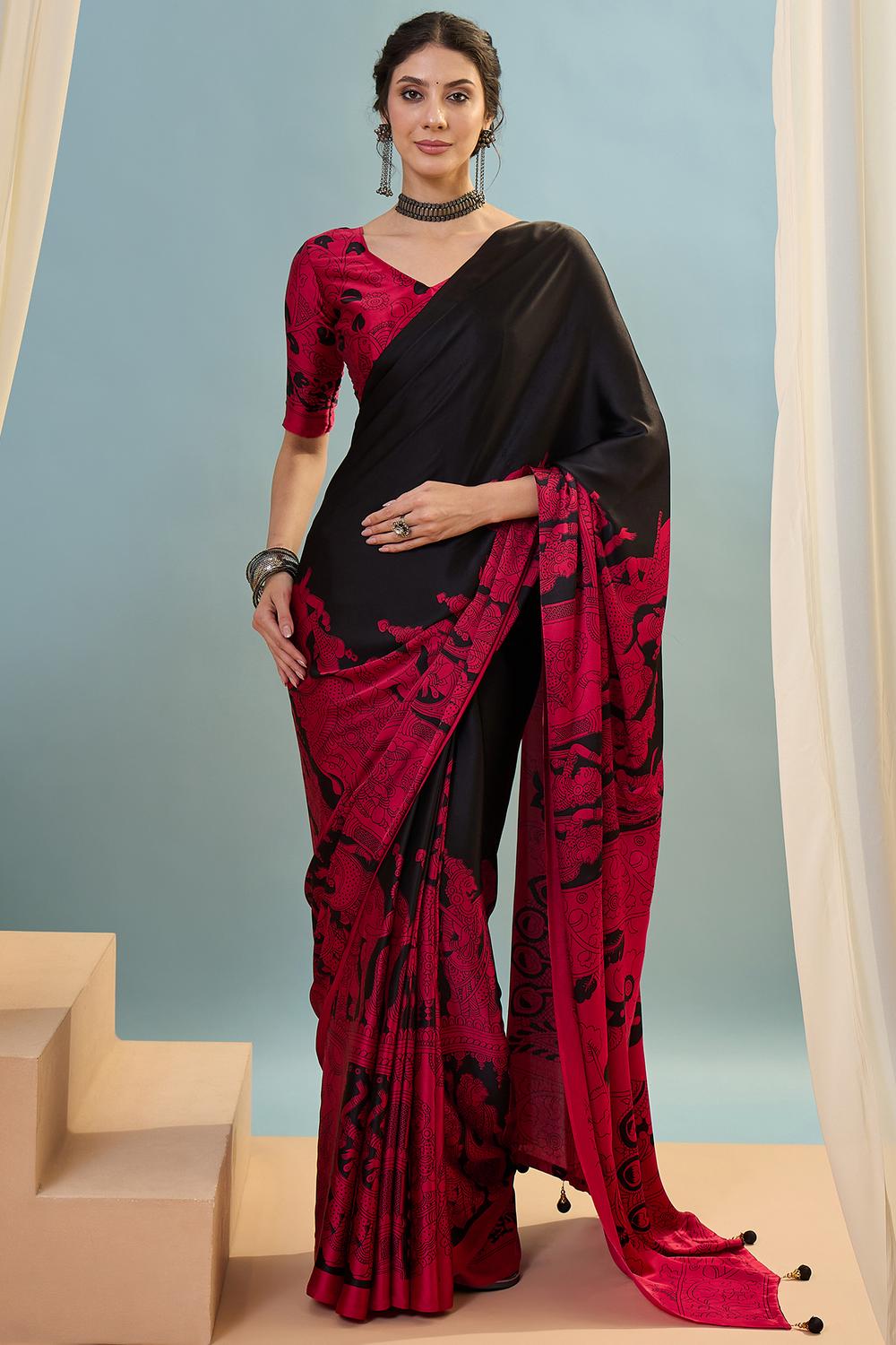Esra Black Modal Floral Printed Ready to Wear One Minute Saree