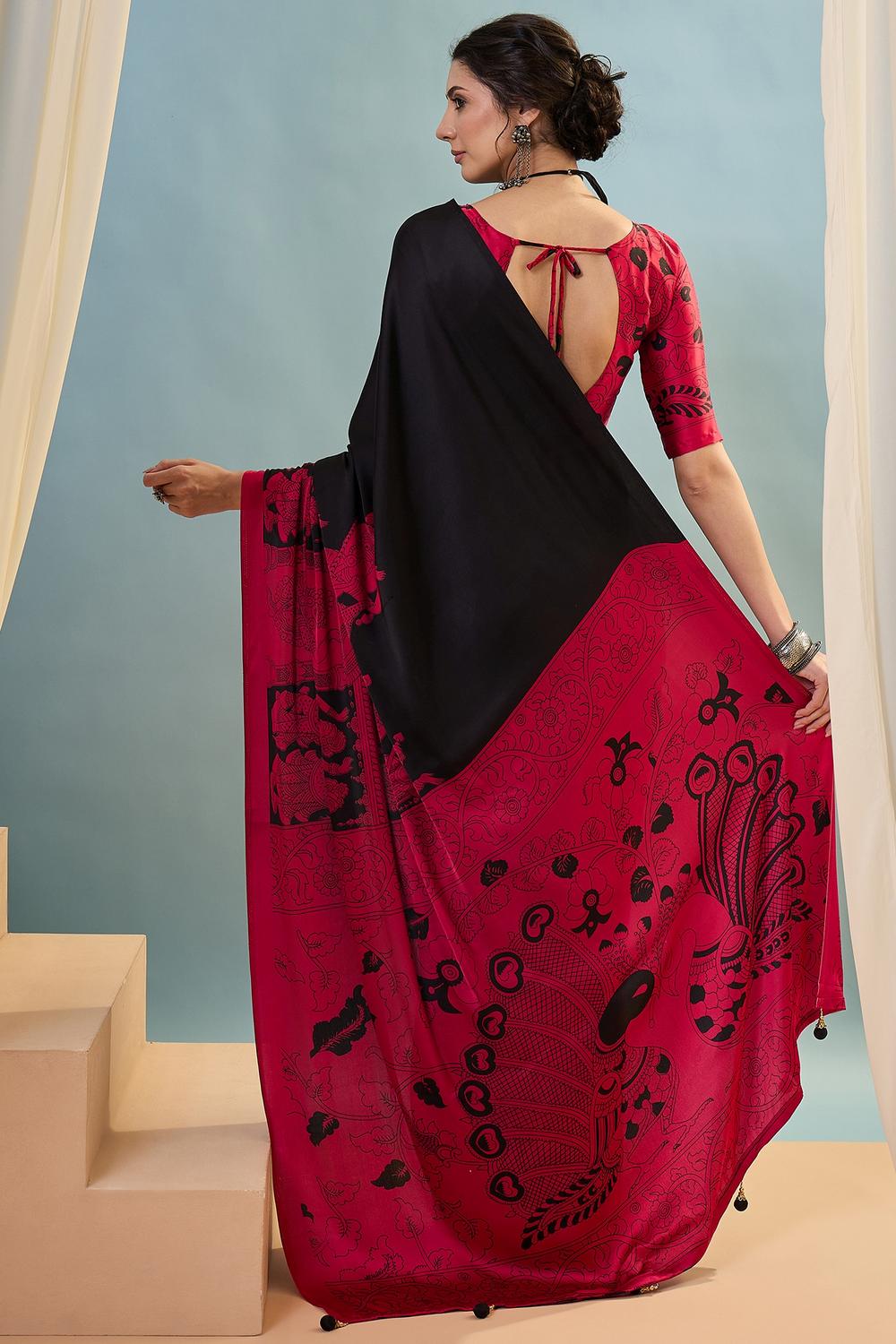 Esra Black Modal Floral Printed Ready to Wear One Minute Saree