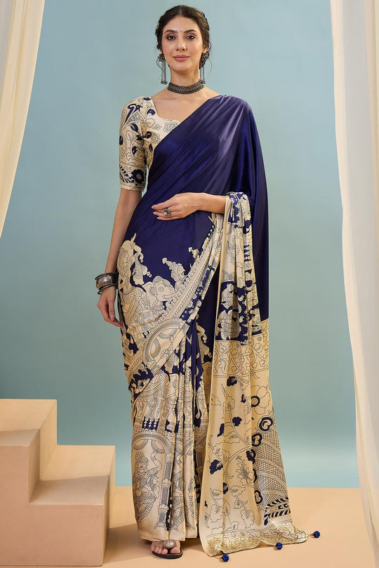 Esra Blue Modal Floral Printed Ready to Wear One Minute Saree