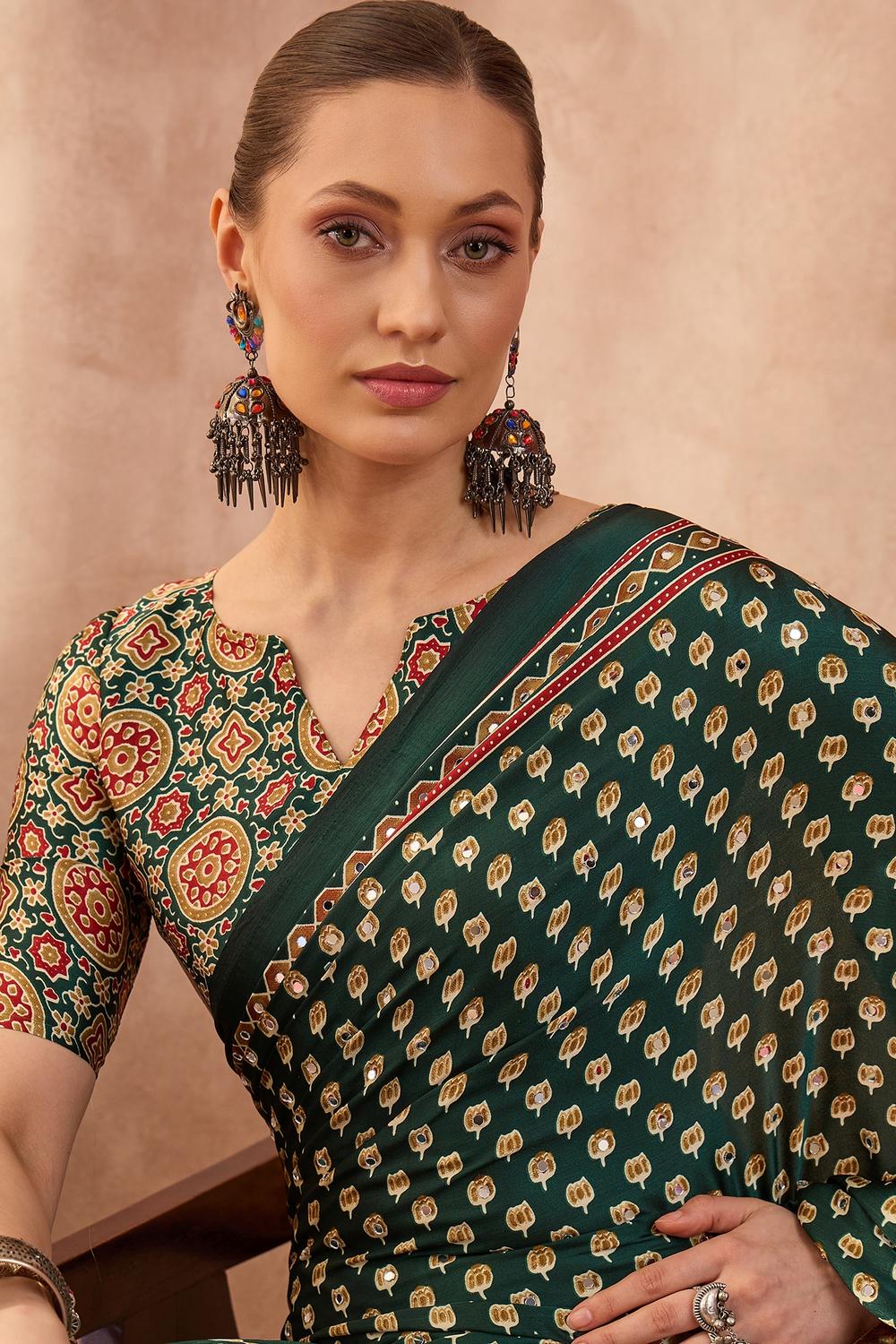 Amina Green Modal Mirror Sequin with Ajrakh Printed Ready to Wear One Minute Saree