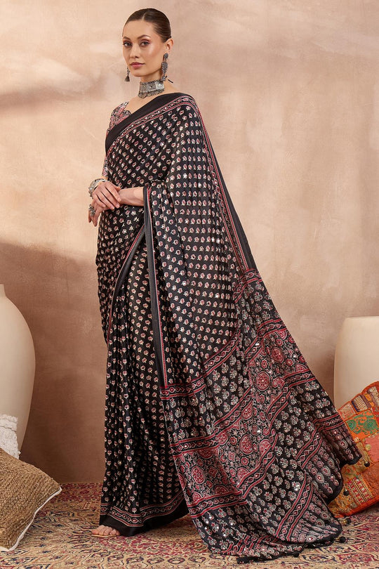 Amina Black Modal Ajrakh Printed Mirror Work Sequin Ready to Wear Saree