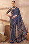 Amina Blue Modal Ajrakh Printed Mirror Work Sequin Ready to Wear Saree