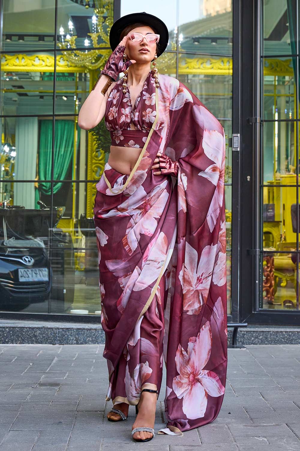 Mona Printed Maroon Georgette Satin One Minute Saree