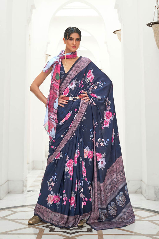 Kalamkari Navy Blue Digital Printed Pure Silk One Minute Saree