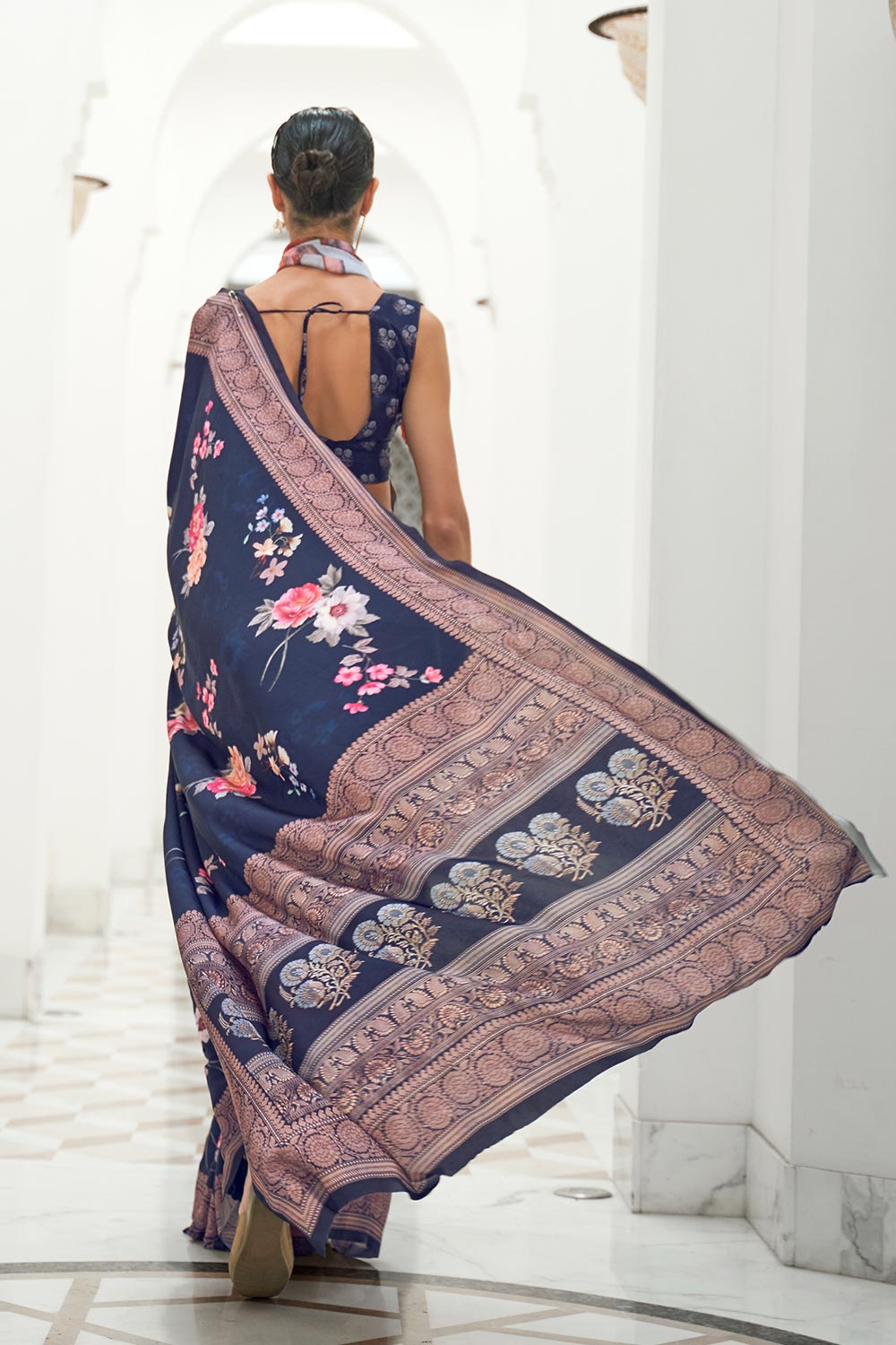 Kalamkari Navy Blue Digital Printed Pure Silk One Minute Saree
