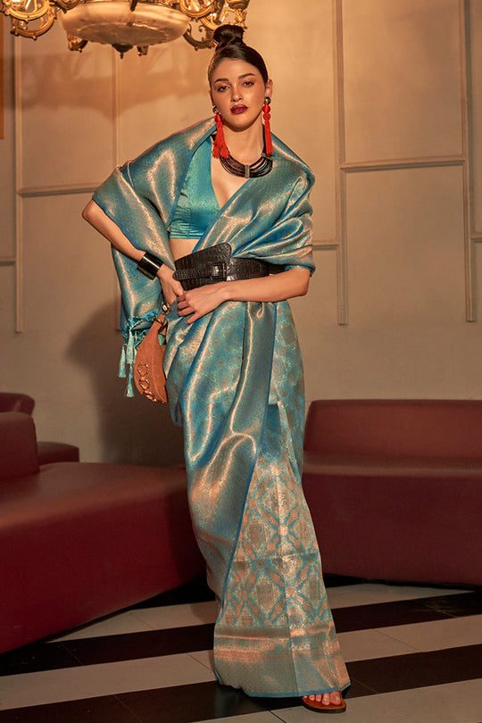 Dalia Teal Blue Silk Woven Ready to Wear One Minute Saree