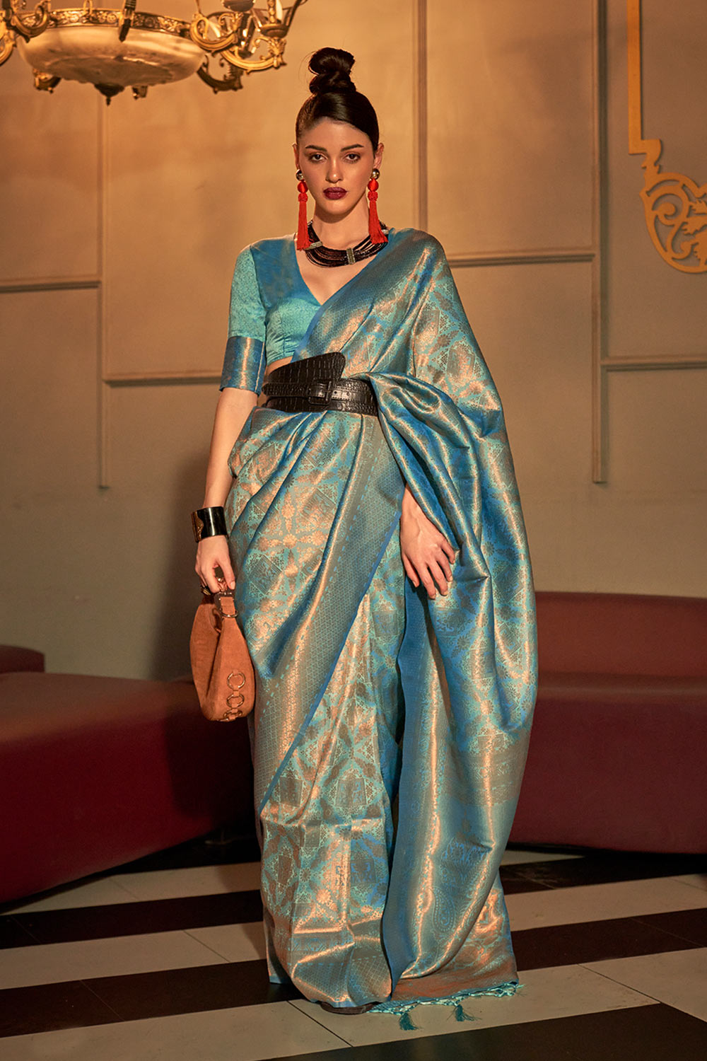 Dalia Teal Blue Silk Woven Ready to Wear One Minute Saree