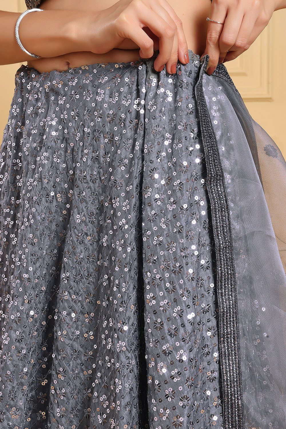 Tiana Grey Sequin Work Kasturi Crepe Silk Lehenga Saree