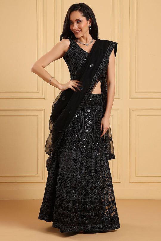 Sharone Elegant Black Net Sequin Work Lehenga Saree