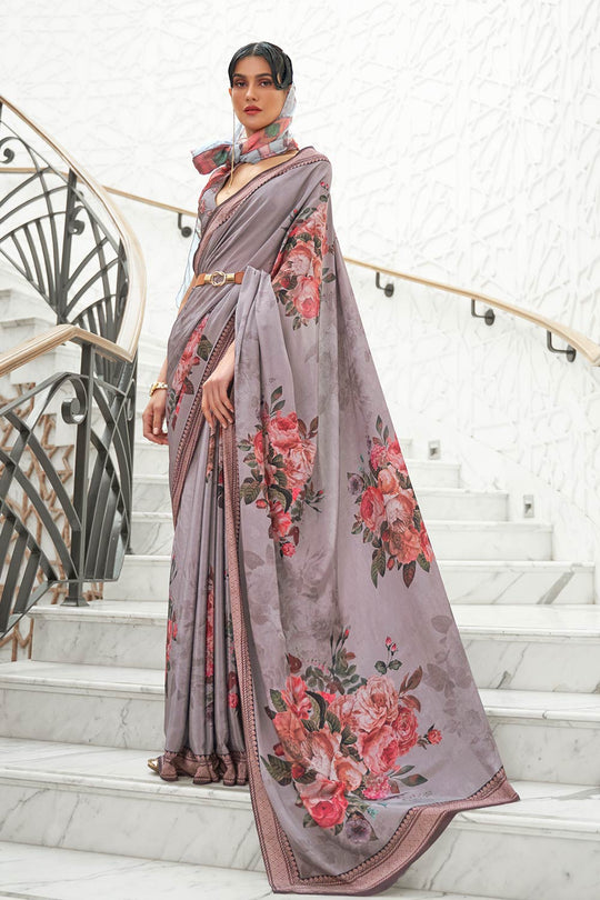 Kalamkari Grey Digital Printed Pure Silk One Minute Saree