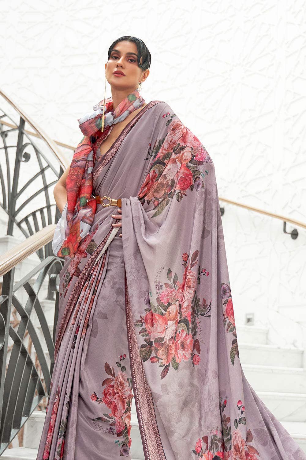 Kalamkari Grey Digital Printed Pure Silk One Minute Saree