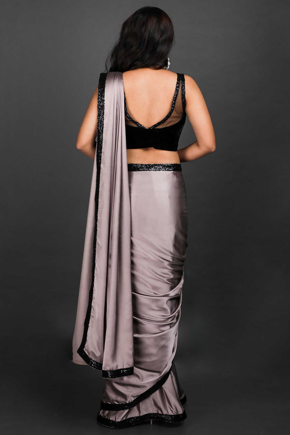 Stella Grey Satin Black Sequins Trim One Minute Saree