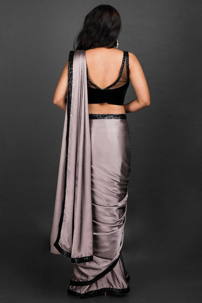 Stella Grey Satin Black Sequins Trim One Minute Saree