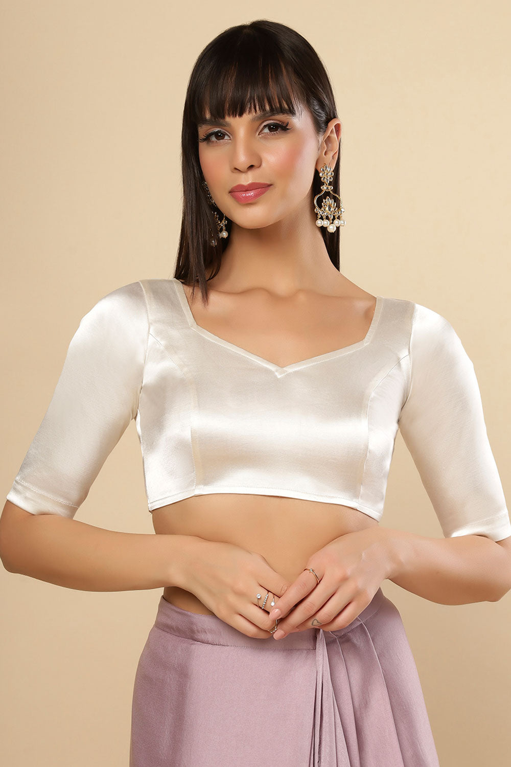 Jules Off-White Satin Comfort Stretch™ Pentagon Neck Elbow Sleeve Saree Blouse