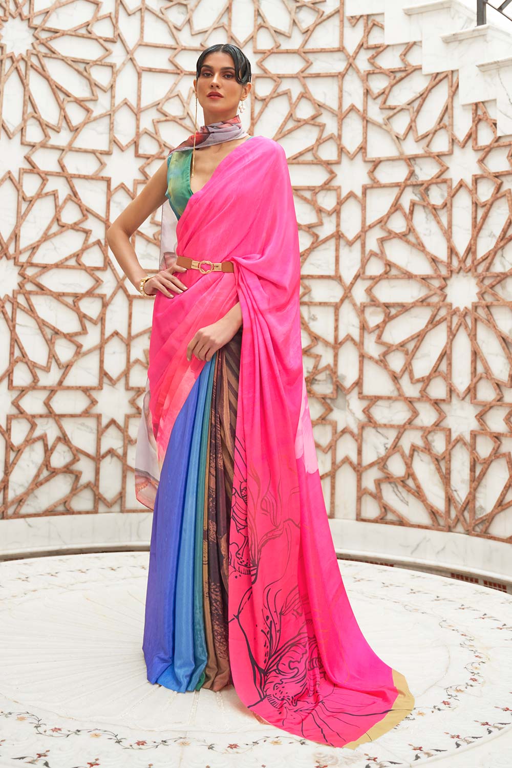 Kalamkari Pink Printed Pure Silk One Minute Saree