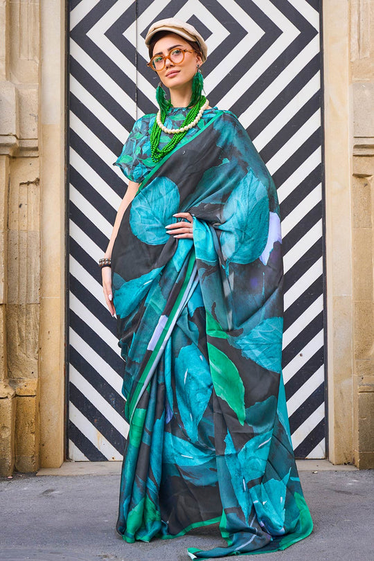 Mona Black Printed Georgette Satin One Minute Saree