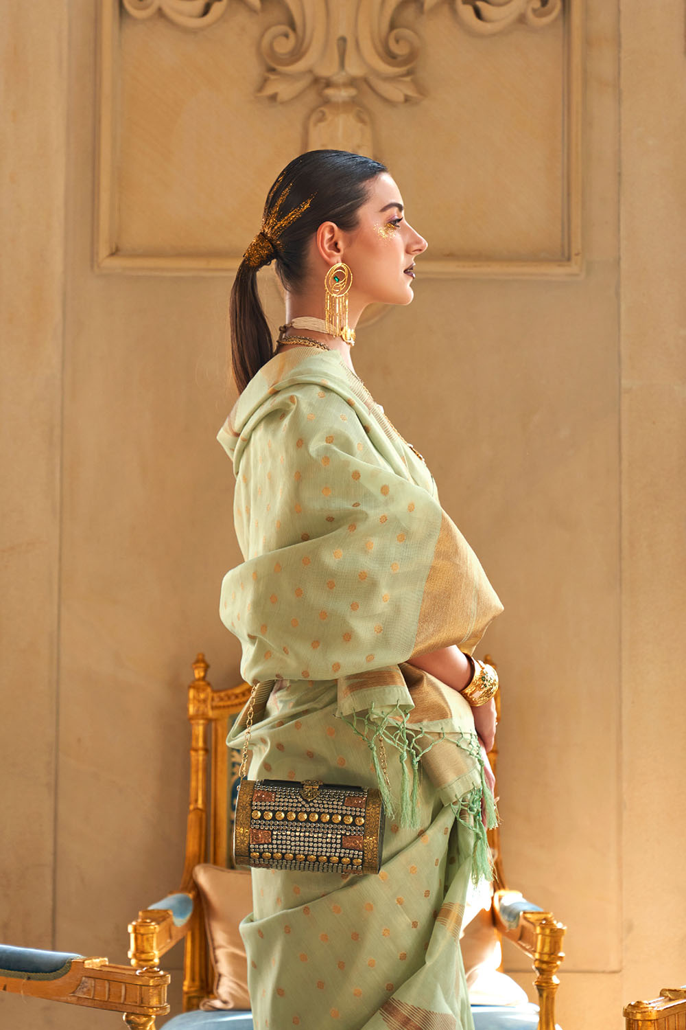 Kiyara Green Tissue Woven Ready to Wear One Minute Saree