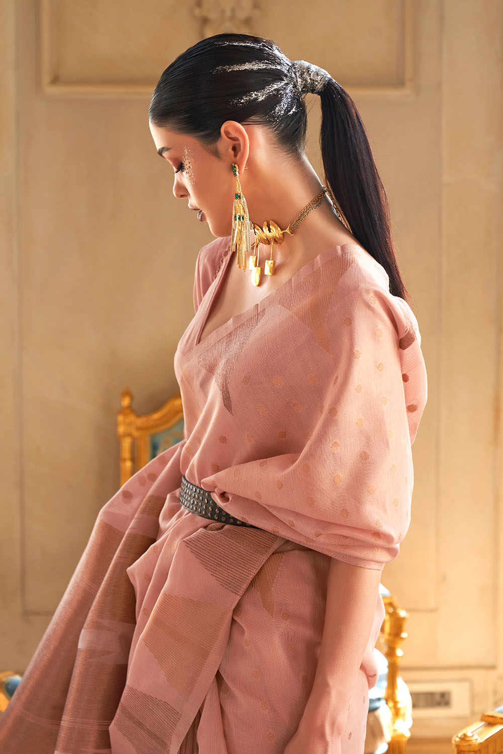 Kiyara Light Pink Tissue Woven Ready to Wear One Minute Saree
